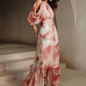 Multicolor Boho Women's Beach Style Silk Halter Neck Drop-Shoulder Floral Dress